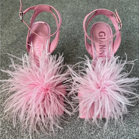 Ganni Pink Feathered Sandals - Picture 1 of 7